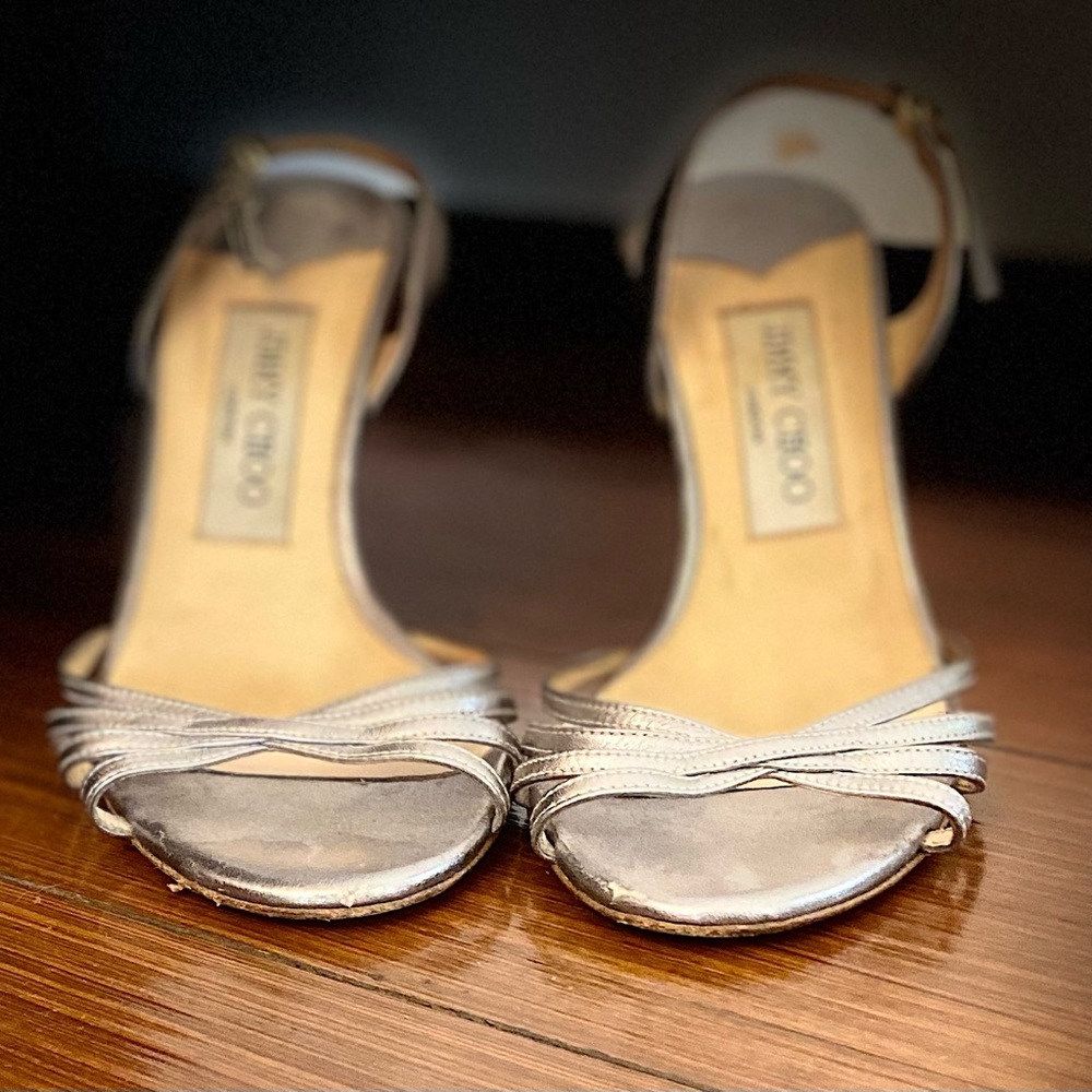 Jimmy Choo silver 2” strapped heels